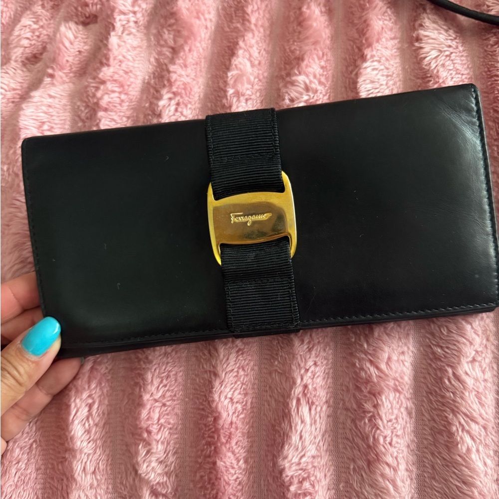 Salvatore Ferragamo Black Leather Wallet with Gold Buckle